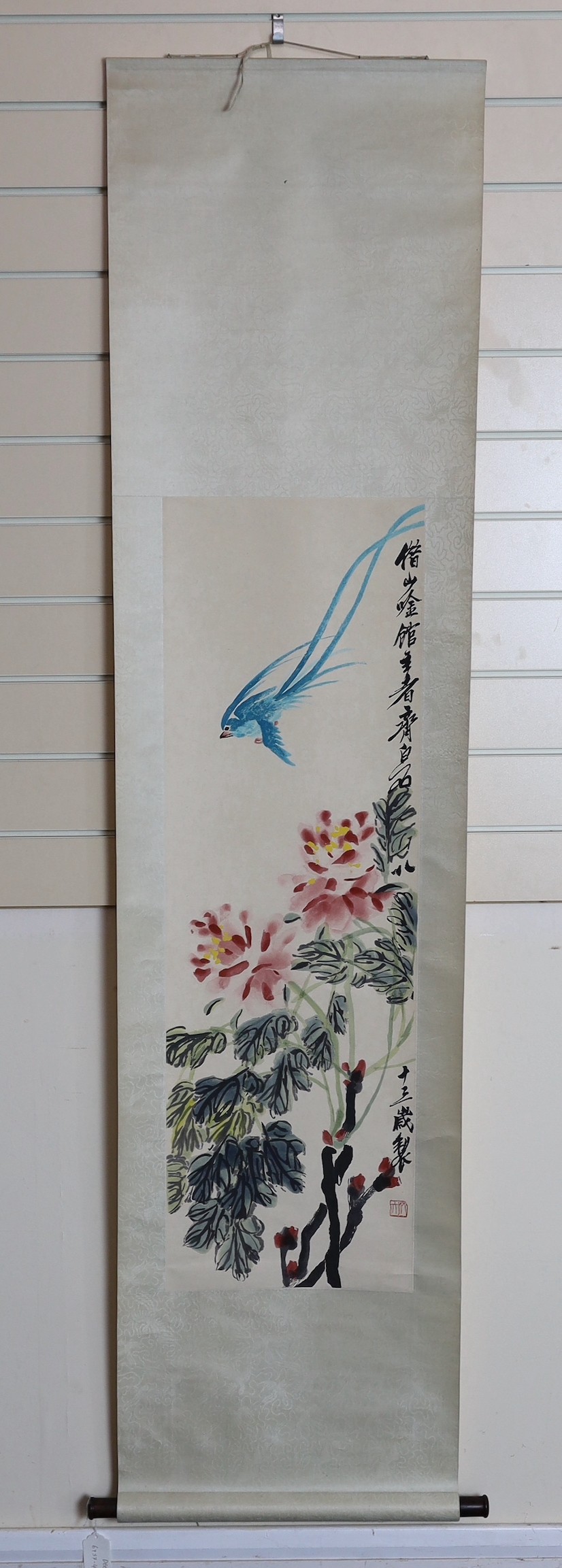 After Qi Baishi (1863-1957), Ribbon peonies, scroll picture , published by Tianjin Arts & Crafts Export Company, 1959, image 104cm x 33cm